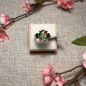 Size 9 | Silver Boho Gemstone Ring – Large Oval Floral Agate, Chunky Statement